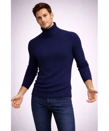 Erkek Balıkcı Yaka Bağazlı Triko Kazak Pamuklu Kalın Fitilli Dokuma, Regular Fit Uzun Kollu Kışlık Model - Lacivert