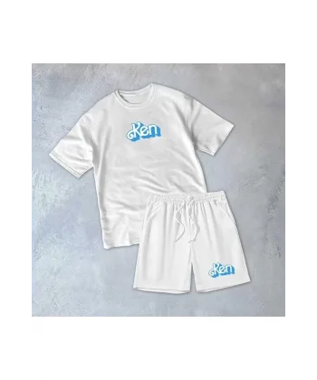 Erkek Baskılı İkili Şort Takım - Beyaz