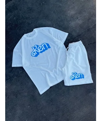 Erkek Baskılı İkili Şort Takım - Beyaz