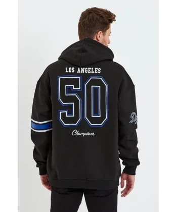 Erkek Baskılı Kapşonlu Üç Iplik Oversize Sweatshirt - Siyah