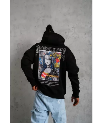 Erkek Baskılı Kapüşonlu ve Kanguru Cepli Sweat - Siyah