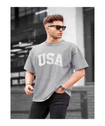Erkek Baskılı Oversize T-shirt - Gri