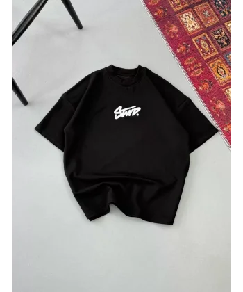 Erkek Baskılı Oversize T-shirt - Siyah