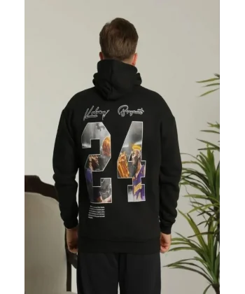Erkek Baskılı Oversize Üç İplik Kapüşonlu Sweatshirt - Siyah