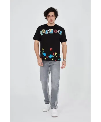 Erkek Baskılı Penye T-Shirt - Siyah