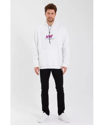Erkek Baskılı Üç İplik Kapüşonlu Oversize Sweatshirt - Beyaz