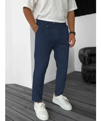 Erkek Belden Düğmeli Cepli Dokuma Pantolon