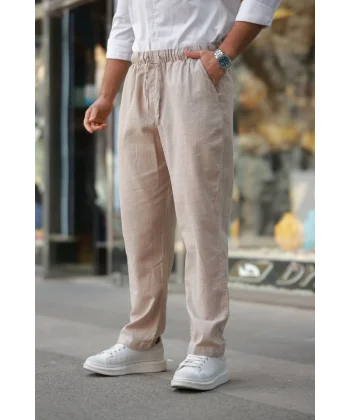 Erkek Beli Lastikli Keten Rahat Pantolon