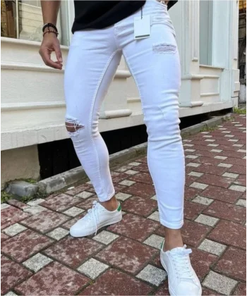 Erkek Beyaz Yırtık Detaylı Skinny Jean