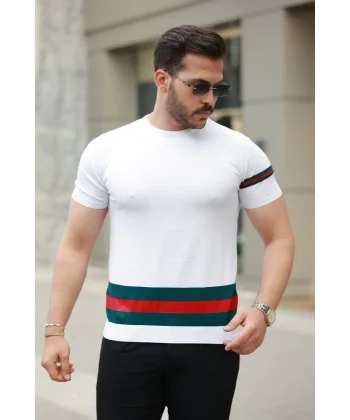 Erkek Bisiklet Yaka Bel Ve Kol şerit Desenli Kısa Kollu Tişört