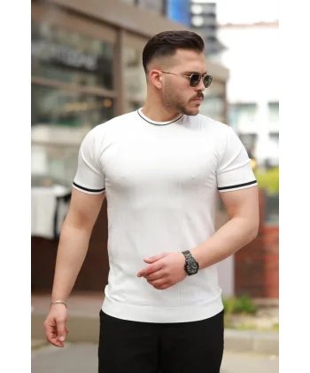 Erkek Bisiklet Yaka çizgi Desenli Ribanalı Kısa Kollu Tshirt