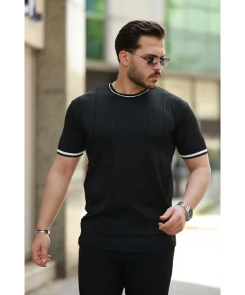 Erkek Bisiklet Yaka çizgi Desenli Ribanalı Kısa Kollu Tshirt