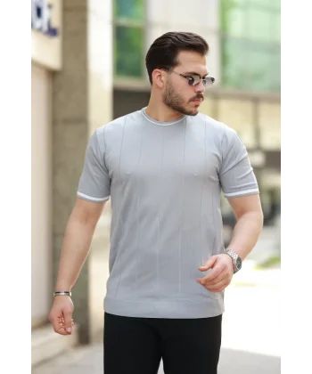 Erkek Bisiklet Yaka çizgi Desenli Ribanalı Kısa Kollu Tshirt