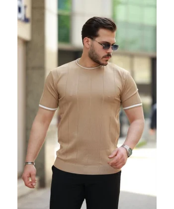 Erkek Bisiklet Yaka çizgi Desenli Ribanalı Kısa Kollu Tshirt