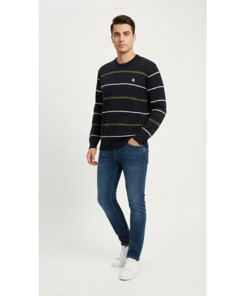 Erkek Bisiklet Yaka Cizgili Triko Kazak yumuşak dokulu Pamuklu ince Dokuma, uzun kollu Rahat Regular kalıp - Lacivert