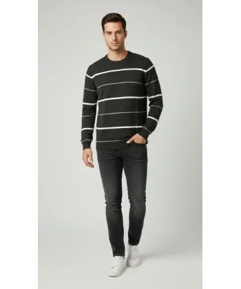 Erkek Bisiklet Yaka Cizgili Triko Kazak yumuşak dokulu Pamuklu ince Dokuma, uzun kollu Rahat Regular kalıp - Füme