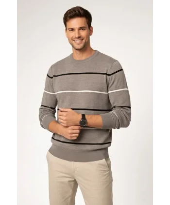 Erkek Bisiklet Yaka Cizgili Triko Kazak yumuşak dokulu Pamuklu ince Dokuma, uzun kollu Rahat Regular kalıp - Gri