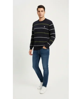 Erkek Bisiklet Yaka Cizgili Triko Kazak Yumuşak Dokulu Pamuklu Ince Dokuma, Uzun Kollu Rahat Regular Kalıp - Lacivert