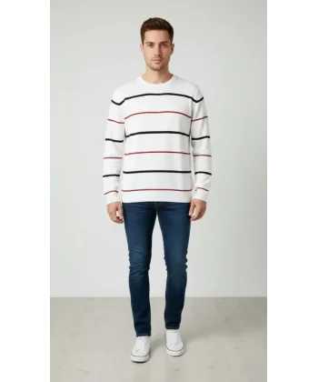 Erkek Bisiklet Yaka Cizgili Triko Kazak Yumuşak Dokulu Pamuklu Ince Dokuma, Uzun Kollu Rahat Regular Kalıp - Beyaz