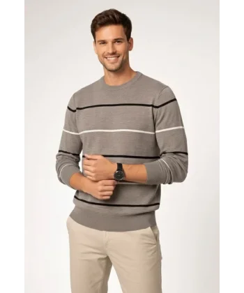 Erkek Bisiklet Yaka Cizgili Triko Kazak Yumuşak Dokulu Pamuklu Ince Dokuma, Uzun Kollu Rahat Regular Kalıp - Gri