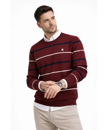 Erkek Bisiklet Yaka Cizgili Triko Kazak yumuşak dokulu Pamuklu ince Dokuma, uzun kollu Rahat Regular kalıp - Bordo