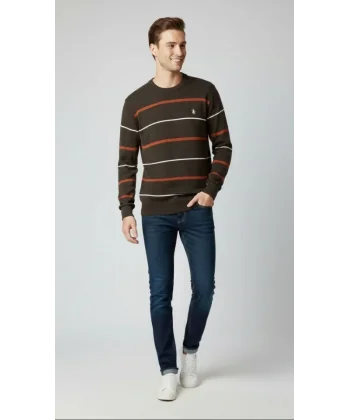 Erkek Bisiklet Yaka Cizgili Triko Kazak Yumuşak Dokulu Pamuklu Ince Dokuma, Uzun Kollu Rahat Regular Kalıp - Koyu Kahverengi