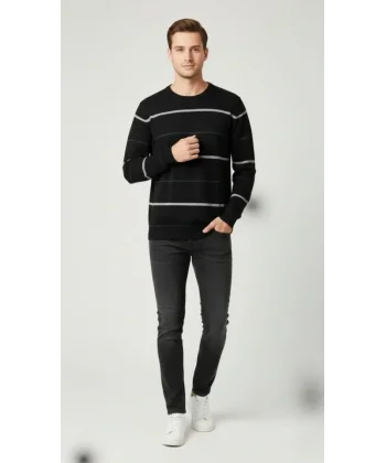 Erkek Bisiklet Yaka Cizgili Triko Kazak Yumuşak Dokulu Pamuklu Ince Dokuma, Uzun Kollu Rahat Regular Kalıp - Siyah