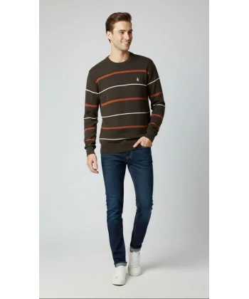 Erkek Bisiklet Yaka Cizgili Triko Kazak yumuşak dokulu Pamuklu ince Dokuma, uzun kollu Rahat Regular kalıp - Koyu Kahverengi