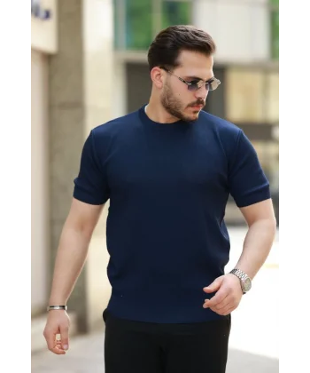 Erkek Bisiklet Yaka Jakarlı Kısa Kollu Tshirt