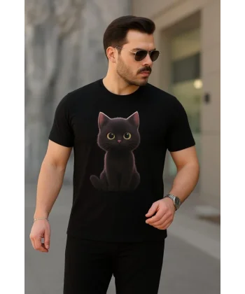 Erkek Bisiklet Yaka Kedi Baskılı Süprem T-shirt