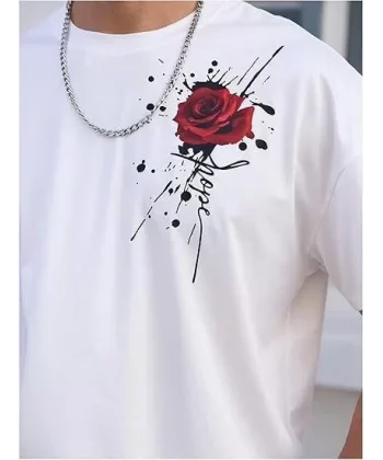 Erkek Bisiklet Yaka Kısa Kol Baskılı T-shirt - Beyaz