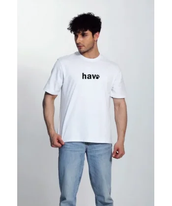 Erkek Bisiklet Yaka Kısa Kol Hav Baskılı T-shirt - Beyaz