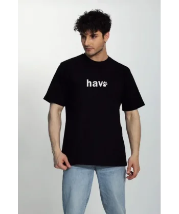 Erkek Bisiklet Yaka Kısa Kol Hav Baskılı T-shirt - Siyah