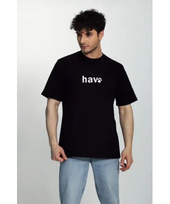 Erkek Bisiklet Yaka Kısa Kol hav Baskılı T-shirt - Siyah