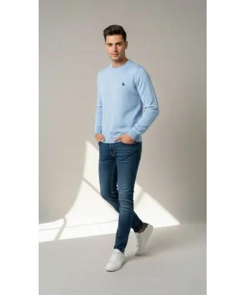 Erkek Bisiklet Yaka Nakış işlemeli Triko Kazak yumuşak dokulu Pamuklu ince Dokuma, uzun kollu Rahat Regular kalıp - Mavi