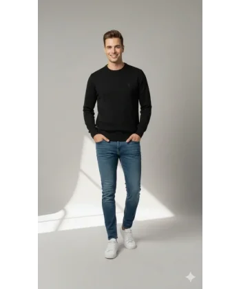 Erkek Bisiklet Yaka Nakış Işlemeli Triko Kazak Yumuşak Dokulu Pamuklu Ince Dokuma, Uzun Kollu Rahat Regular Kalıp - Siyah