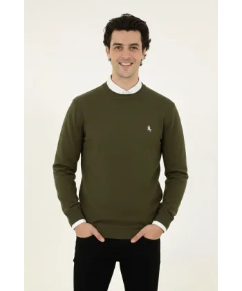 Erkek Bisiklet Yaka Nakış işlemeli Triko Kazak yumuşak dokulu Pamuklu ince Dokuma, uzun kollu Rahat Regular kalıp - Haki