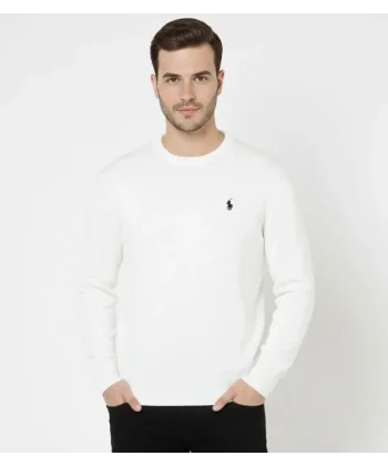 Erkek Bisiklet Yaka Nakış Işlemeli Triko Kazak Yumuşak Dokulu Pamuklu Ince Dokuma, Uzun Kollu Rahat Regular Kalıp - Beyaz