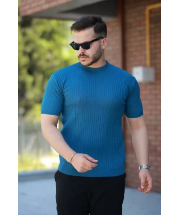 Erkek Bisiklet Yaka örgü Desenli Kısa örme Triko Kısa Kollu T-shirt