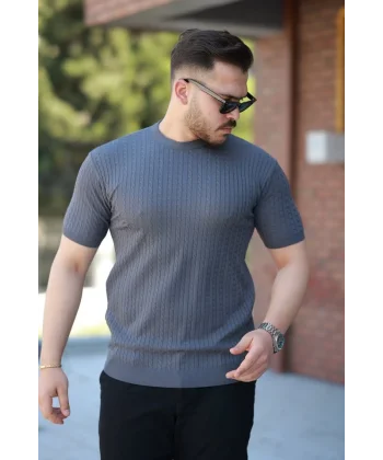 Erkek Bisiklet Yaka örgü Desenli Kısa örme Triko Kısa Kollu T-shirt