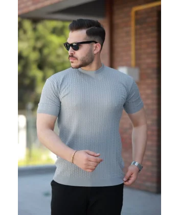 Erkek Bisiklet Yaka örgü Desenli Kısa örme Triko Kısa Kollu T-shirt