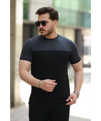 Erkek Bisiklet Yaka Parçalı Renk  Kısa Kollu Tshirt