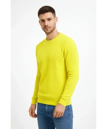 Erkek Bisiklet Yaka Petekli Dokulu Triko Kazak Pamuklu Ince Dokuma, Uzun Kollu Rahat Regular Kalıp - Sarı