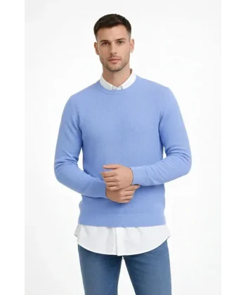 Erkek Bisiklet Yaka Petekli Dokulu Triko Kazak Pamuklu Ince Dokuma, Uzun Kollu Rahat Regular Kalıp - Mavi