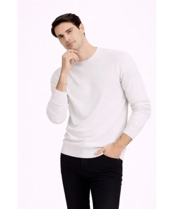 Erkek Bisiklet Yaka Triko Kazak Yumuşak Dokulu Pamuklu Ince Dokuma, Uzun Kollu Rahat Regular Kalıp - Beyaz
