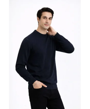 Erkek Bisiklet Yaka Triko Kazak yumuşak dokulu Pamuklu ince Dokuma, uzun kollu Rahat Regular kalıp - Lacivert