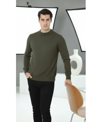 Erkek Bisiklet Yaka Triko Kazak yumuşak dokulu Pamuklu ince Dokuma, uzun kollu Rahat Regular kalıp - Haki