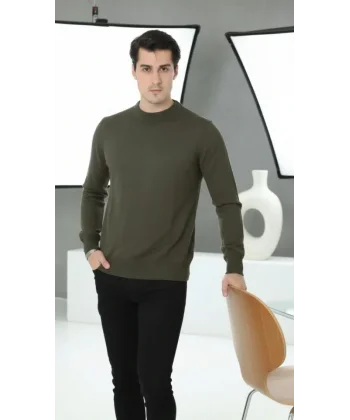 Erkek Bisiklet Yaka Triko Kazak Yumuşak Dokulu Pamuklu Ince Dokuma, Uzun Kollu Rahat Regular Kalıp - Haki