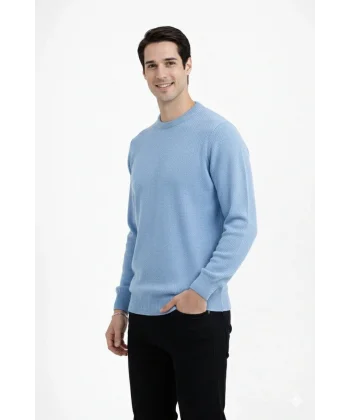 Erkek Bisiklet Yaka Triko Kazak yumuşak dokulu Pamuklu ince Dokuma, uzun kollu Rahat Regular kalıp - Açık Mavi