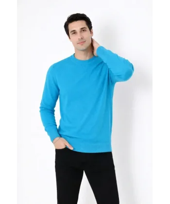 Erkek Bisiklet Yaka Triko Kazak Yumuşak Dokulu Pamuklu Ince Dokuma, Uzun Kollu Rahat Regular Kalıp - Mavi